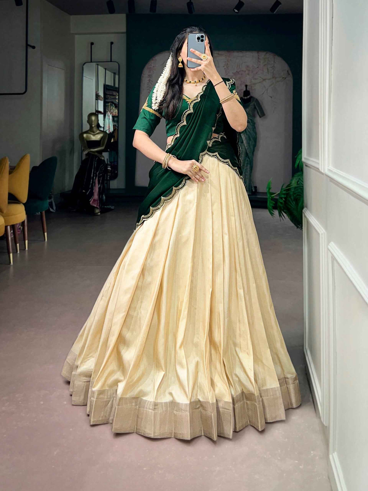 Green Pure Poly Kotha Tasar Rich Zari Weaving Work South Indian Lehenga Choli