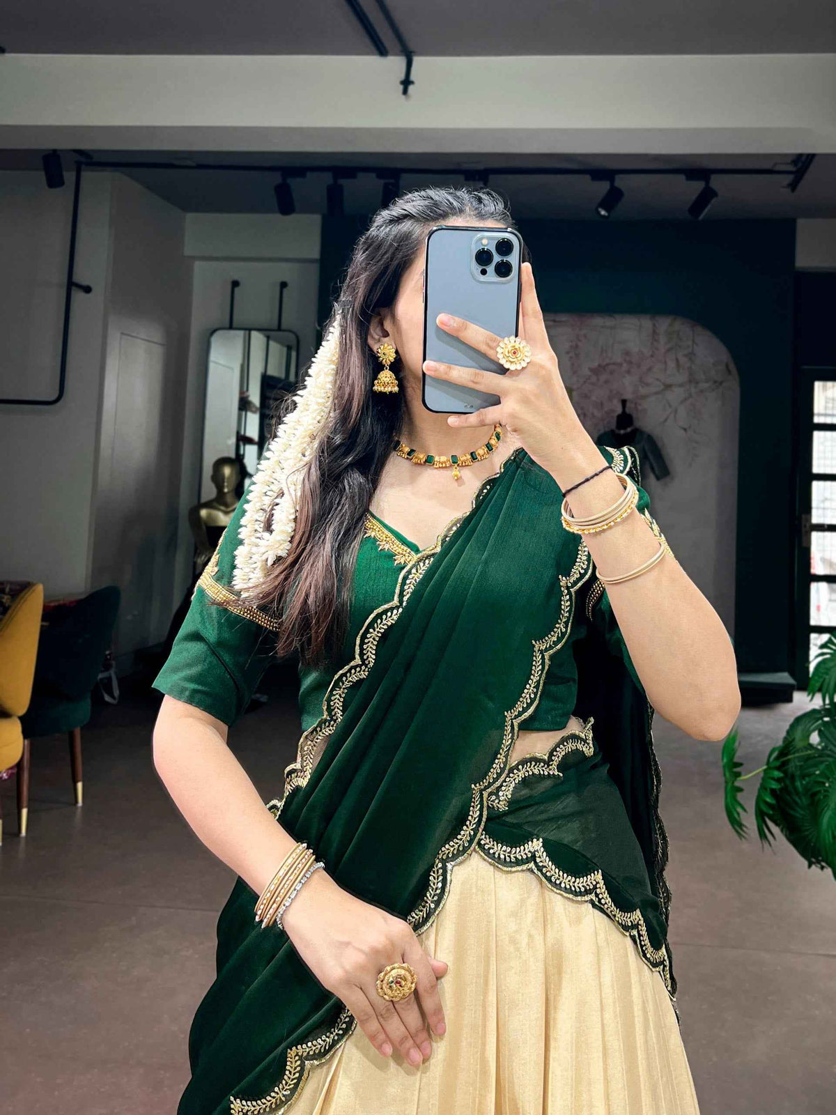 Green Pure Poly Kotha Tasar Rich Zari Weaving Work South Indian Lehenga Choli