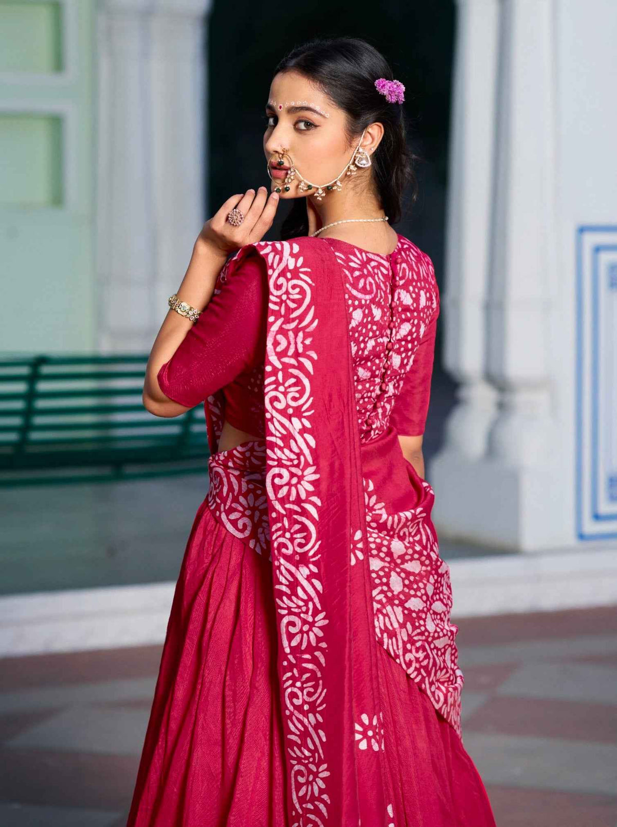 Rani Pink Pure Lightweight Cotton Chanderi Natural Batik Printed Lehenga Choli