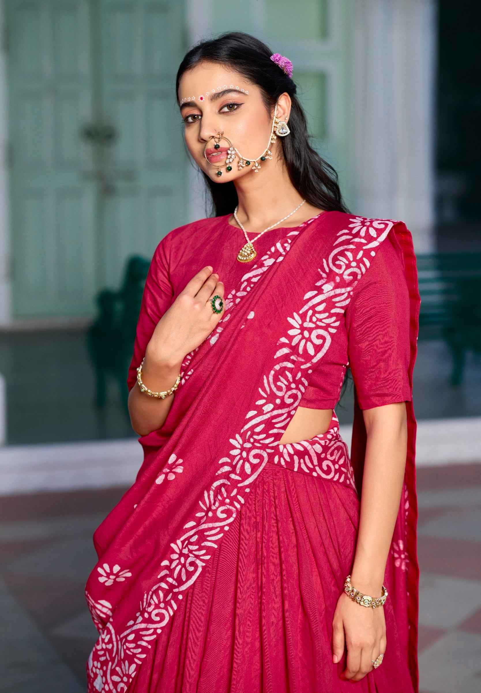 Rani Pink Pure Lightweight Cotton Chanderi Natural Batik Printed Lehenga Choli