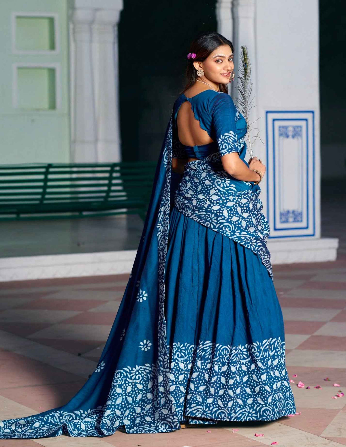Navy Blue Pure Lightweight Cotton Chanderi Natural Batik Printed Lehenga Choli