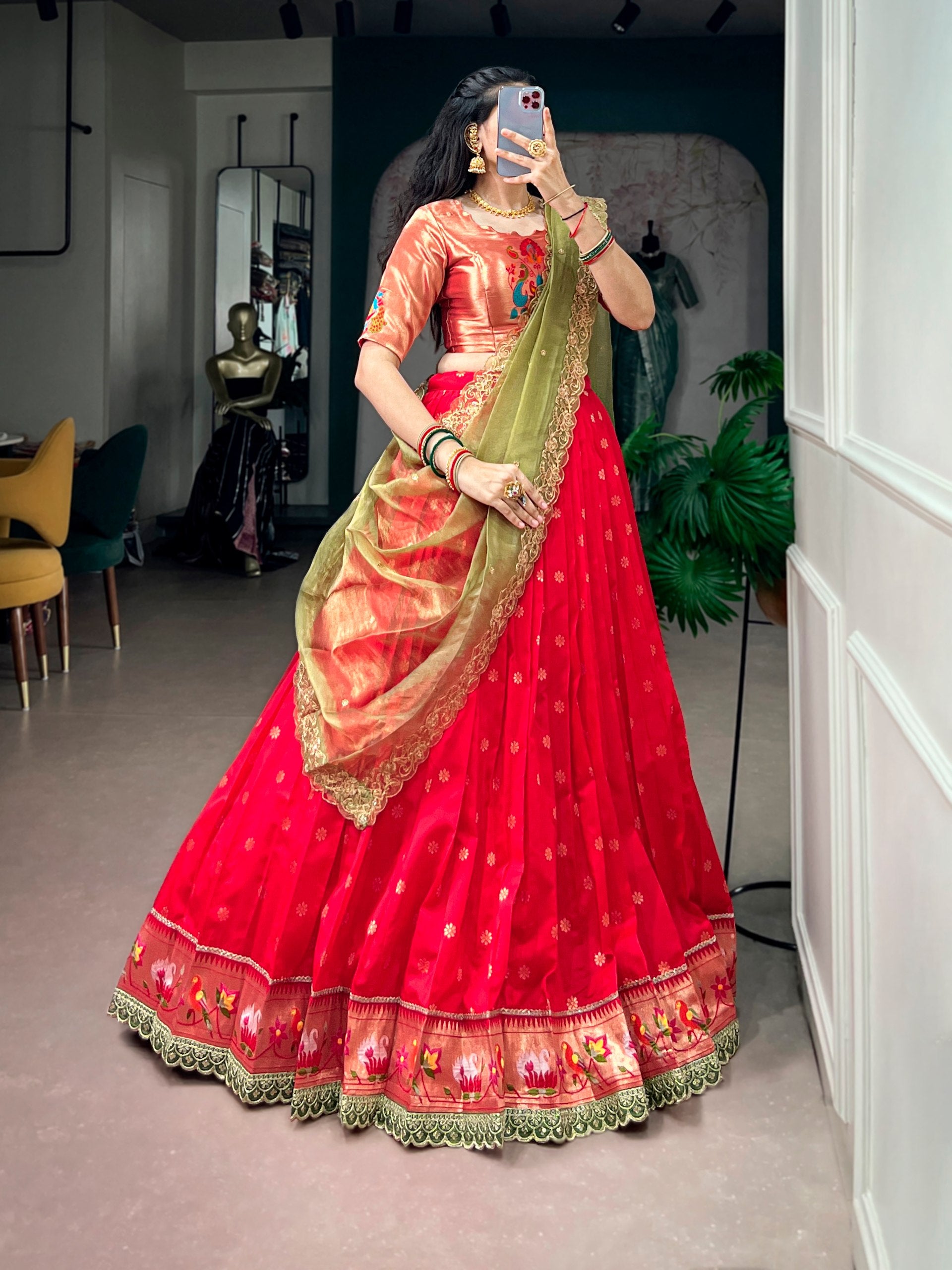 Red Pure Jacquard Silk Paithani Zari Weaving Work South Indian Lehenga Choli