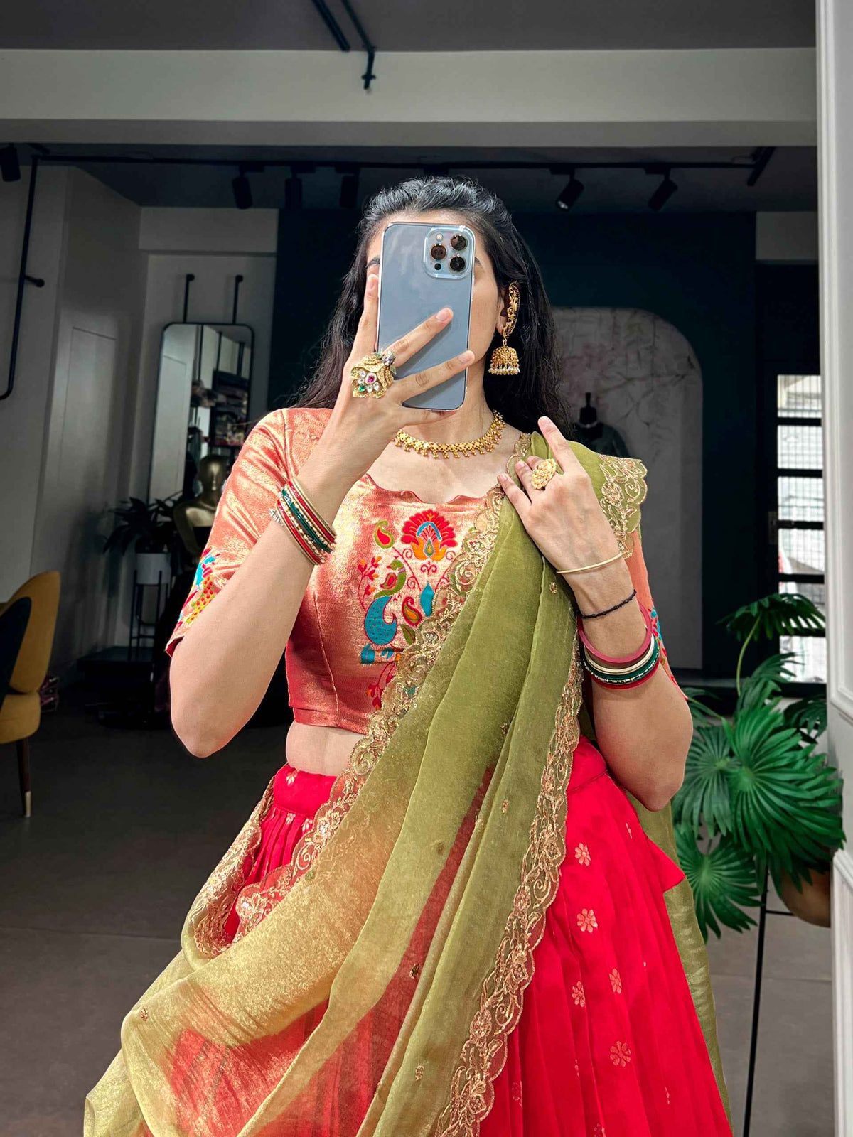 Red Pure Jacquard Silk Paithani Zari Weaving Work South Indian Lehenga Choli