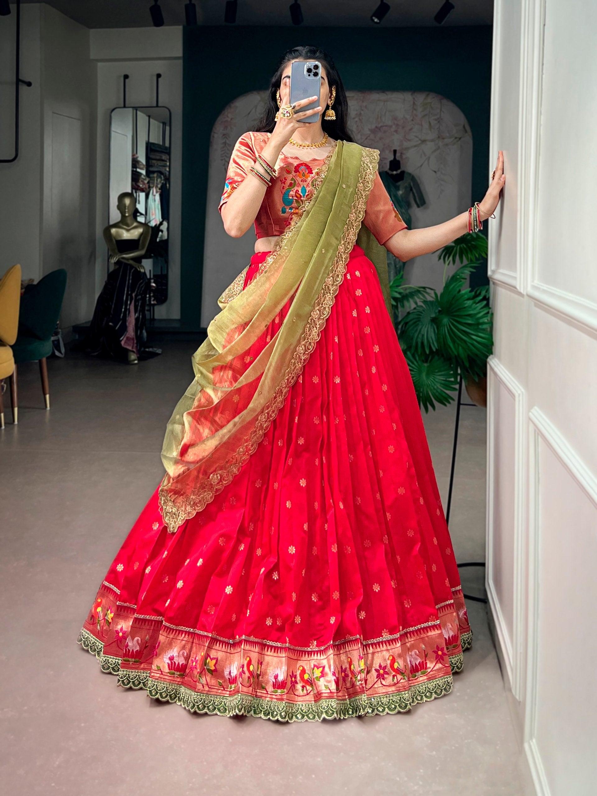 Red Pure Jacquard Silk Paithani Zari Weaving Work South Indian Lehenga Choli