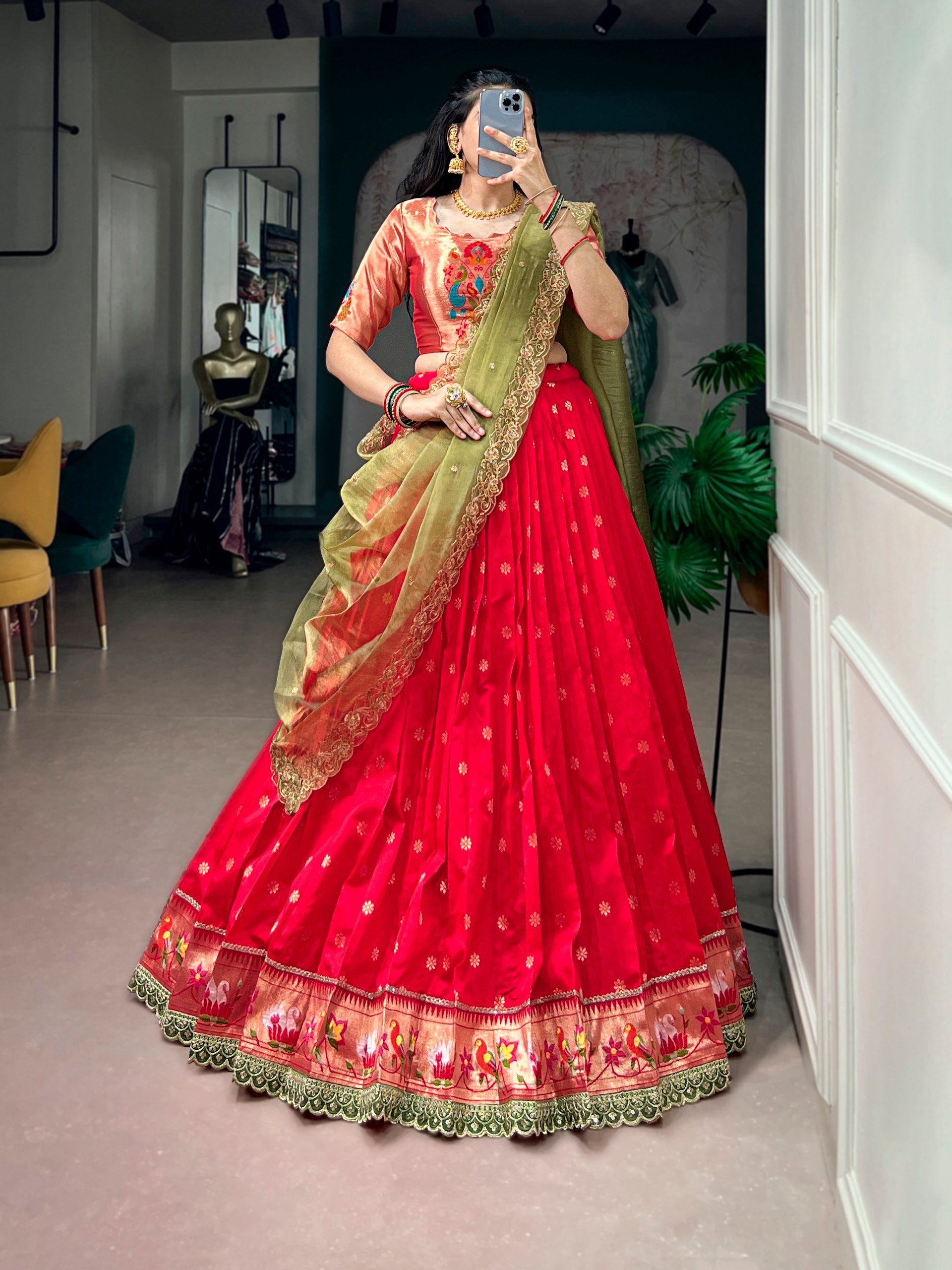 Red Pure Jacquard Silk Paithani Zari Weaving Work South Indian Lehenga Choli