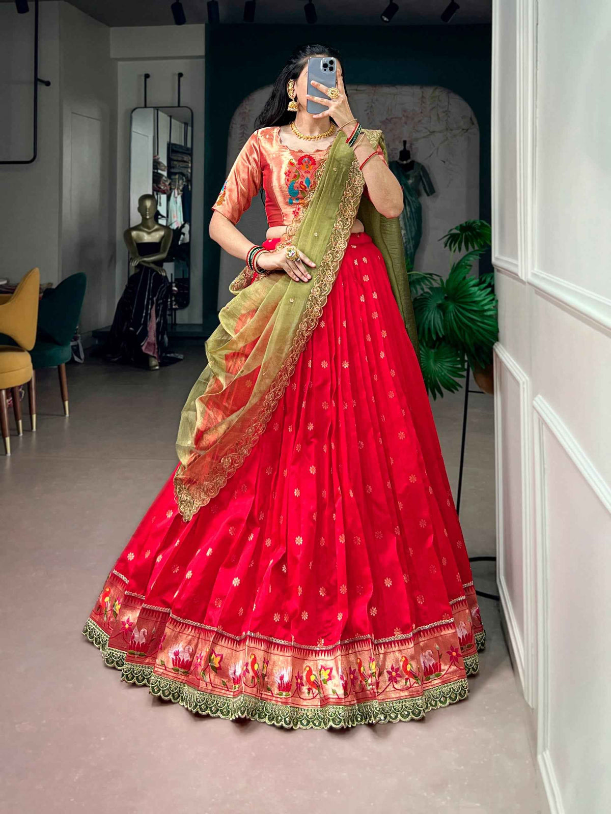 Red Pure Jacquard Silk Paithani Zari Weaving Work South Indian Lehenga Choli