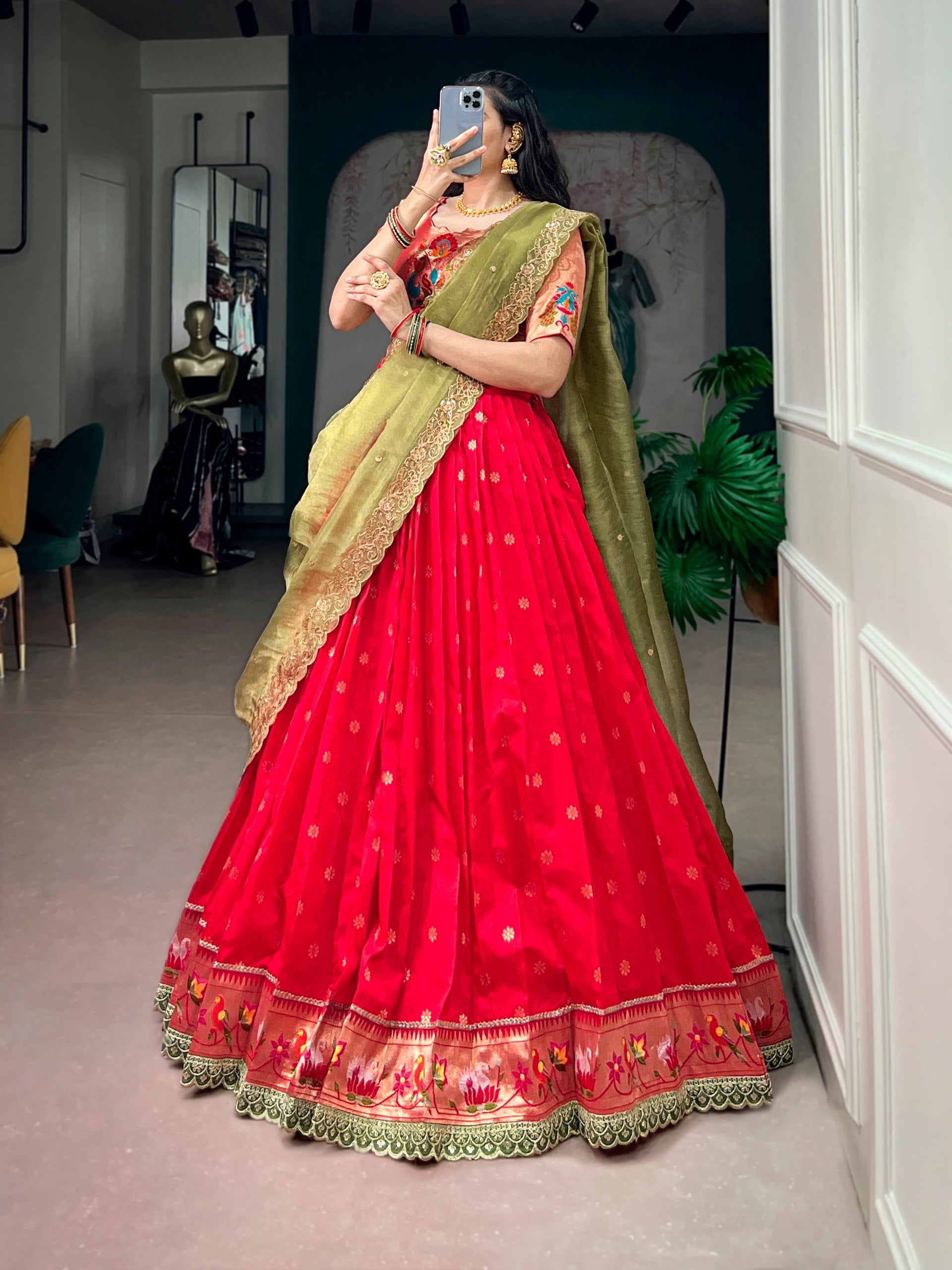 Red Pure Jacquard Silk Paithani Zari Weaving Work South Indian Lehenga Choli