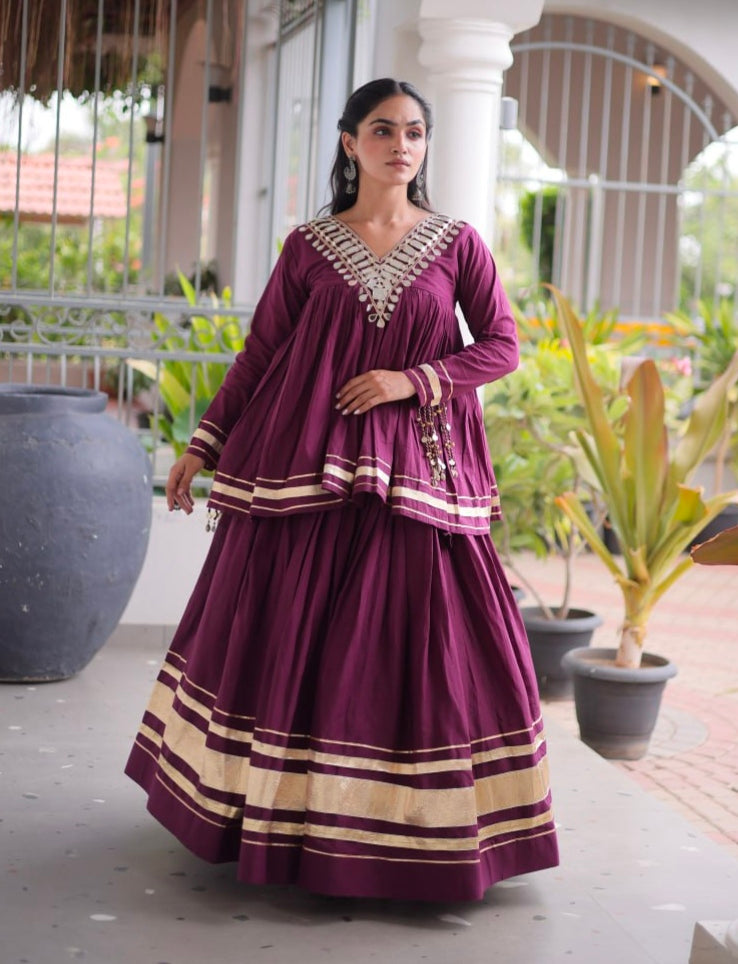 Wine Pure Kora Cotton with Zari Patta & Gota Patti Lace Work Navratri Lehenga Choli