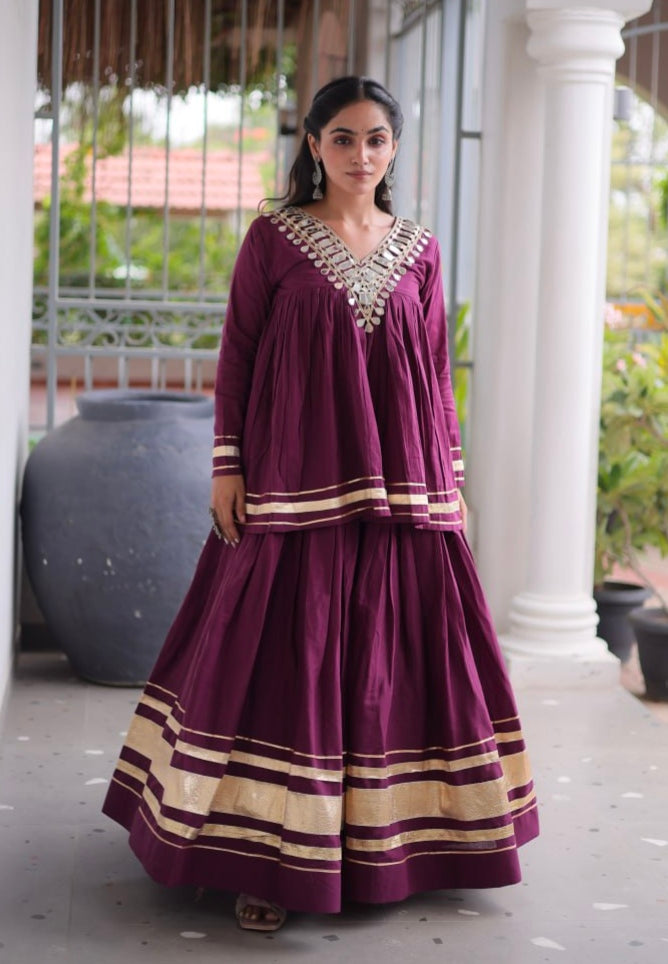 Wine Pure Kora Cotton with Zari Patta & Gota Patti Lace Work Navratri Lehenga Choli