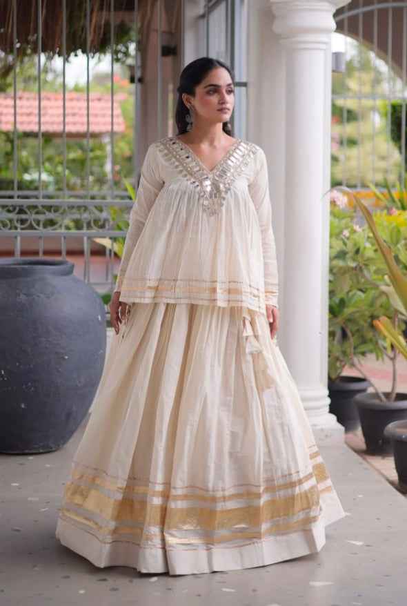 White Pure Kora Cotton with Zari Patta & Gota Patti Lace Work Navratri Lehenga Choli