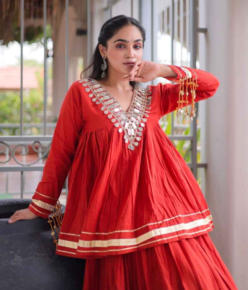Rust Pure Kora Cotton with Zari Patta & Gota Patti Lace Work Navratri Lehenga Choli