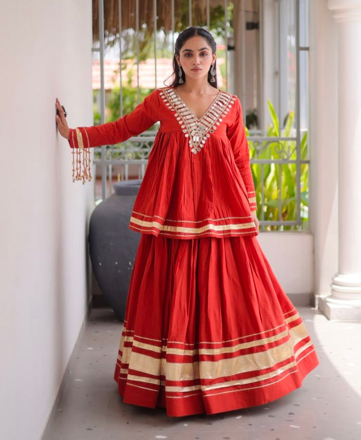 Rust Pure Kora Cotton with Zari Patta & Gota Patti Lace Work Navratri Lehenga Choli