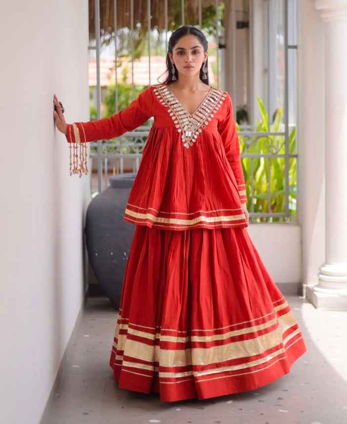 Rust Pure Kora Cotton with Zari Patta & Gota Patti Lace Work Navratri Lehenga Choli