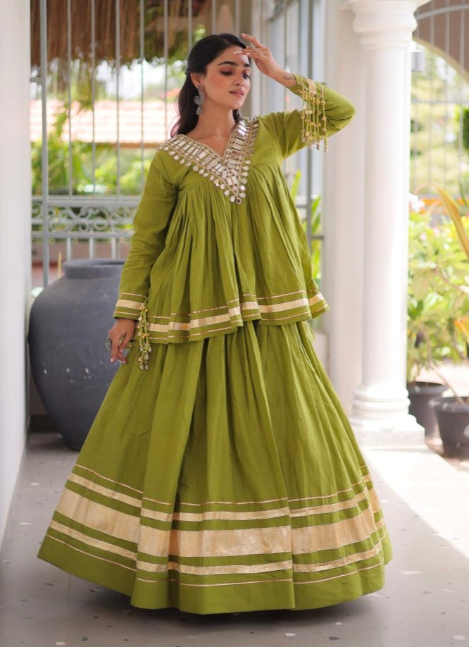 Pista Pure Kora Cotton with Zari Patta & Gota Patti Lace Work Navratri Lehenga Choli