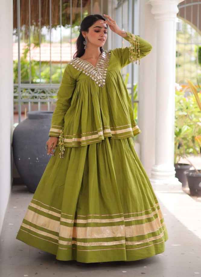 Pista Pure Kora Cotton with Zari Patta & Gota Patti Lace Work Navratri Lehenga Choli