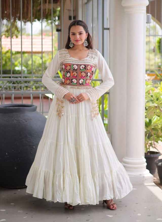 White Pure Reyon Kutchi Gamthi Thread Embroidery Mirror Work Navratri Lehenga Choli