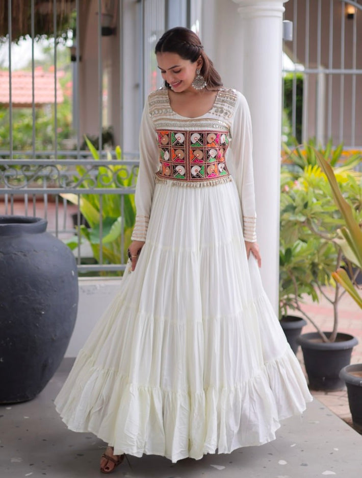White Pure Reyon Kutchi Gamthi Thread Embroidery Mirror Work Navratri Lehenga Choli