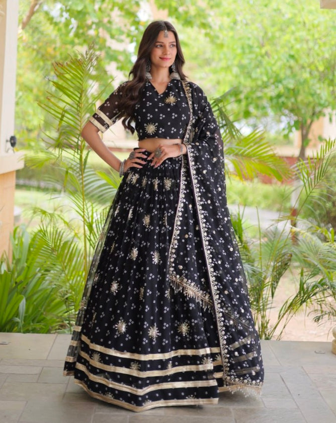 Black Pure Faux Georgette Bandhej Print & Sequins & Zari Embroidery Work Navratri Lehenga Choli