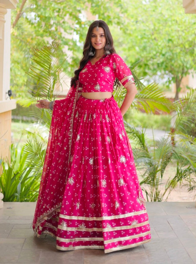Pink Pure Faux Georgette Bandhej Print & Sequins & Zari Embroidery Work Navratri Lehenga Choli