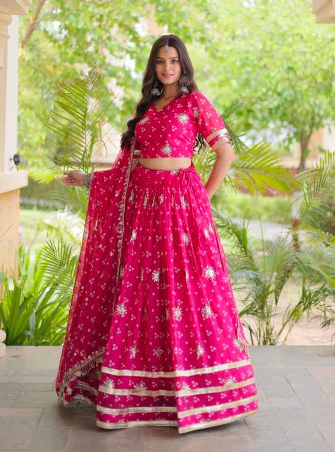 Pink Pure Faux Georgette Bandhej Print & Sequins & Zari Embroidery Work Navratri Lehenga Choli