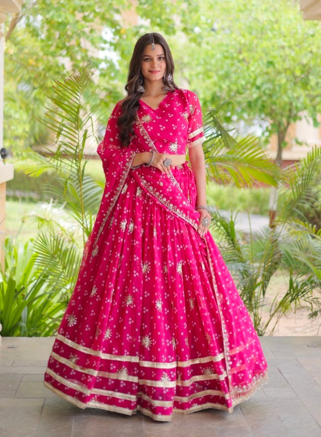 Pink Pure Faux Georgette Bandhej Print & Sequins & Zari Embroidery Work Navratri Lehenga Choli