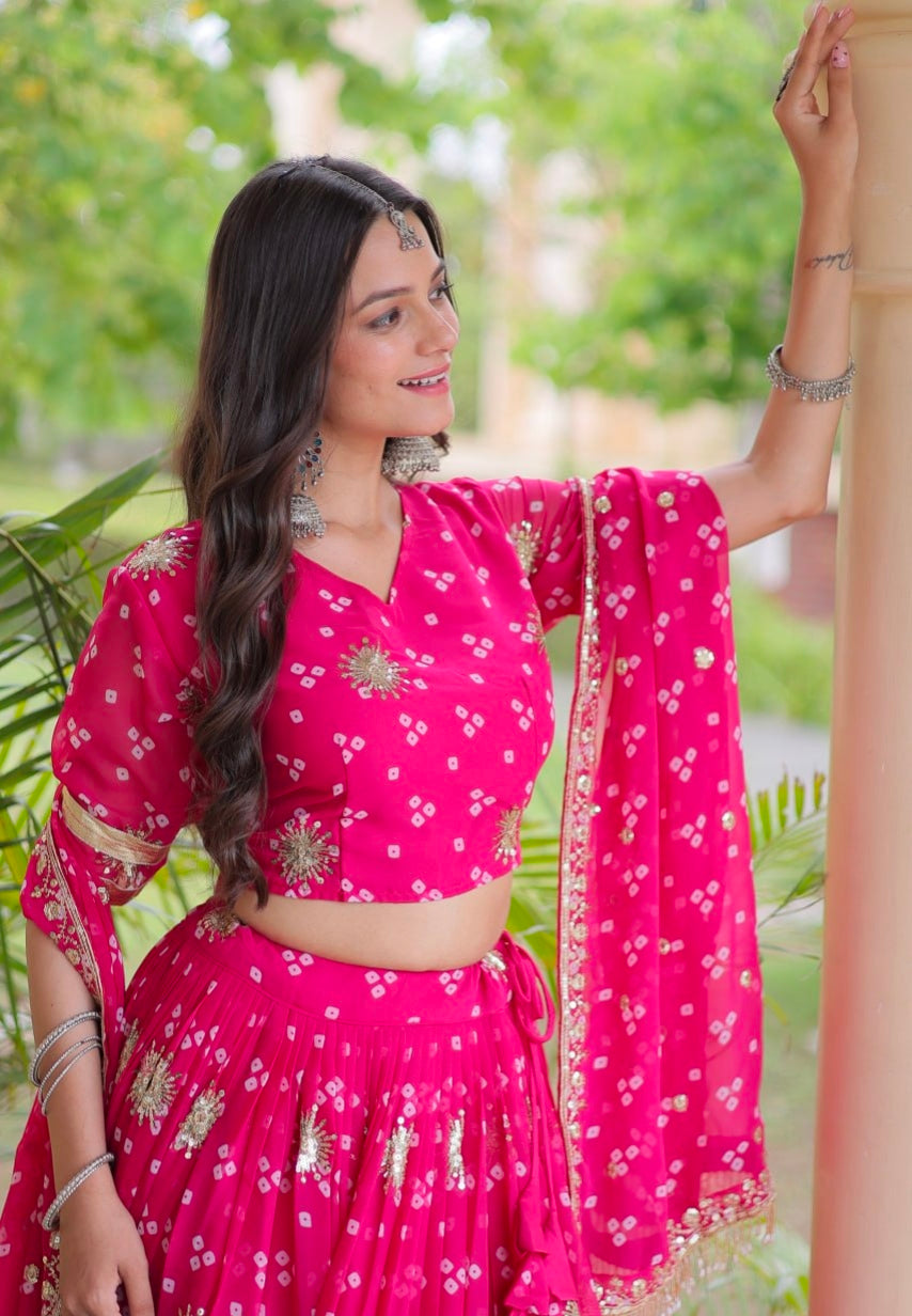 Pink Pure Faux Georgette Bandhej Print & Sequins & Zari Embroidery Work Navratri Lehenga Choli