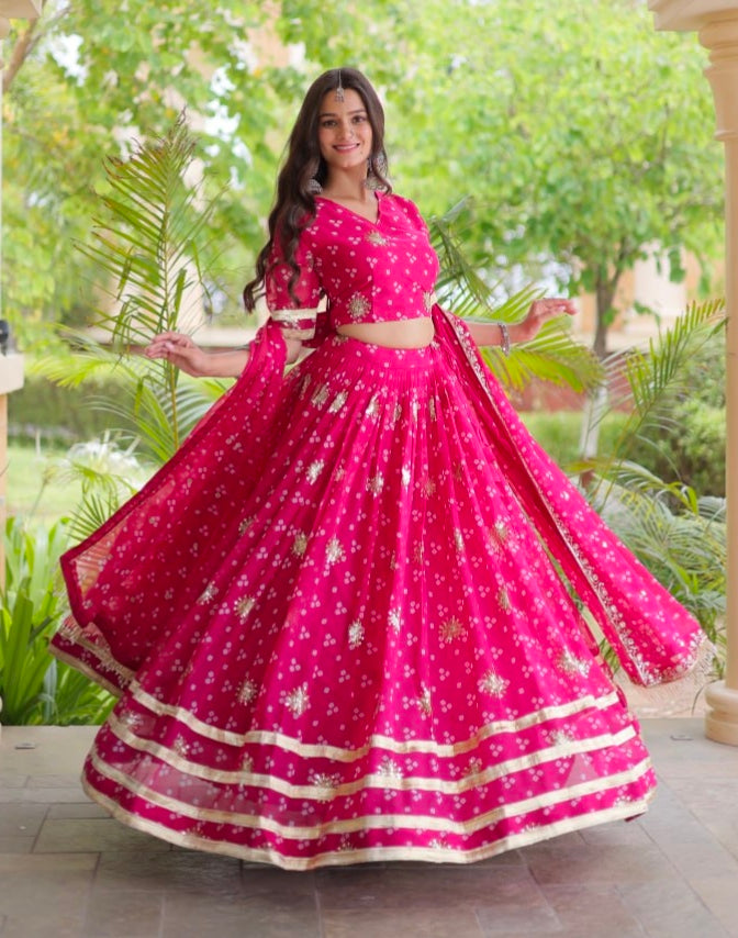 Pink Pure Faux Georgette Bandhej Print & Sequins & Zari Embroidery Work Navratri Lehenga Choli