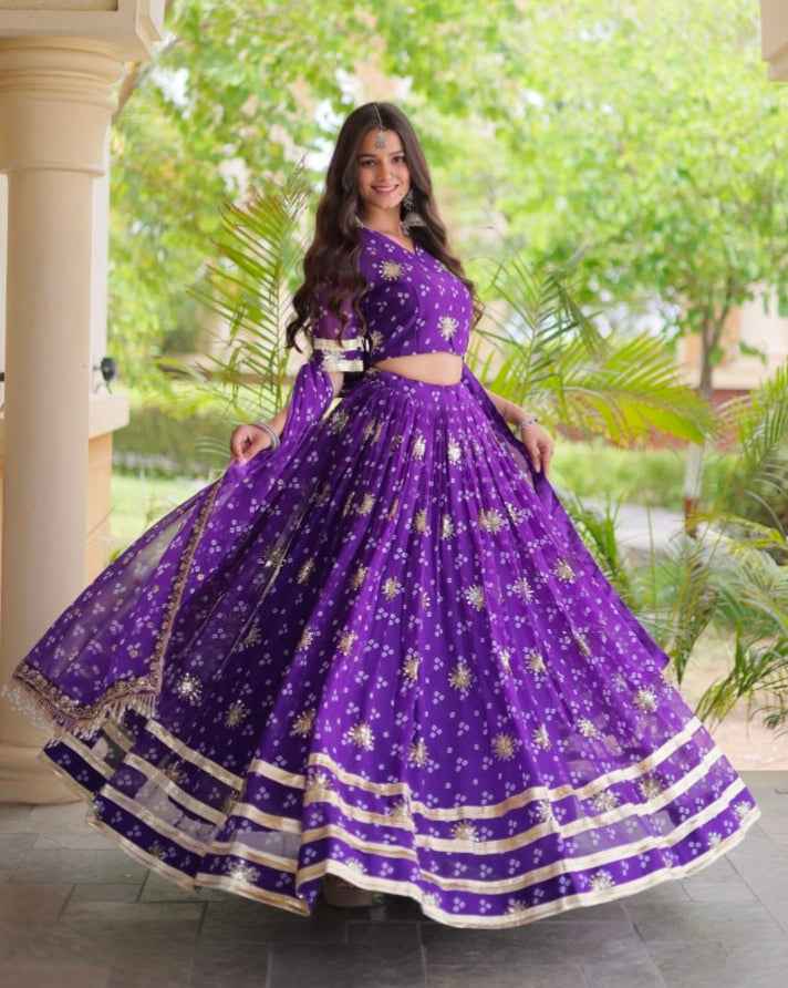 Purple Pure Faux Georgette Bandhej Print & Sequins & Zari Embroidery Work Navratri Lehenga Choli