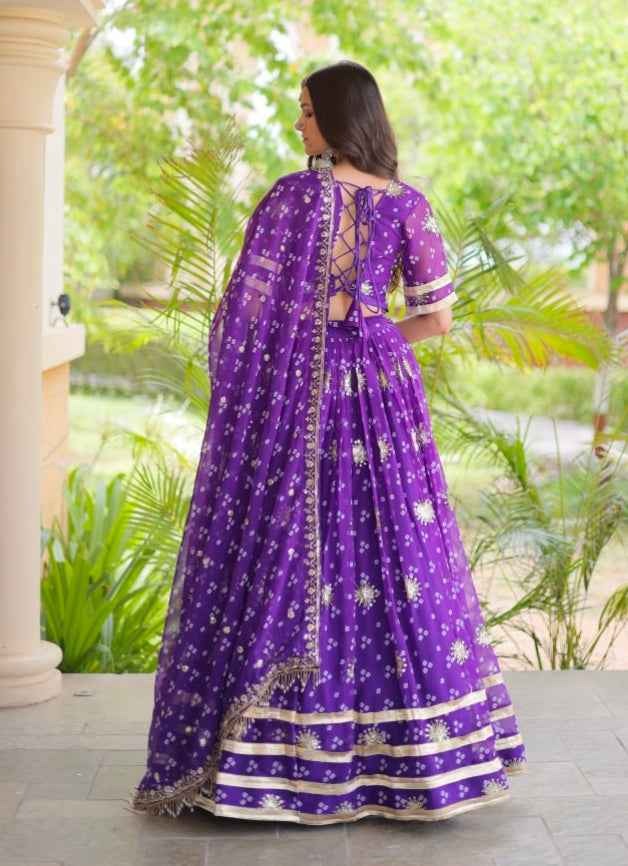Purple Pure Faux Georgette Bandhej Print & Sequins & Zari Embroidery Work Navratri Lehenga Choli