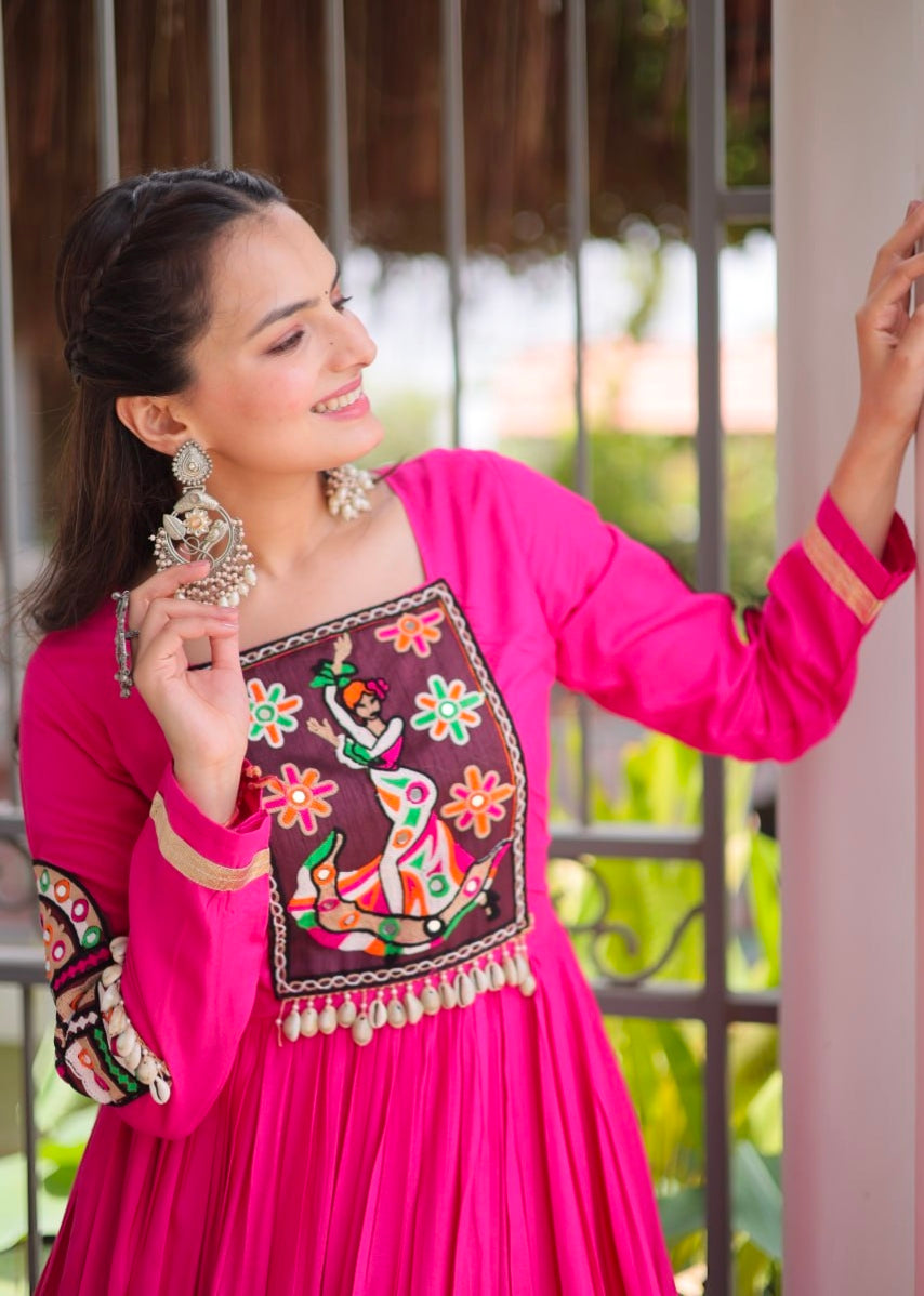 Pink Reyon With Kutchi Gamthi Thread Work Navratri Lehenga Choli