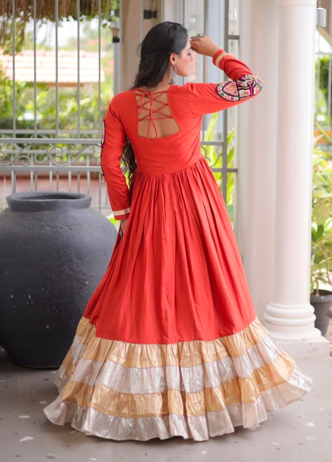 Rust Reyon With Kutchi Gamthi Thread Work Navratri Lehenga Choli
