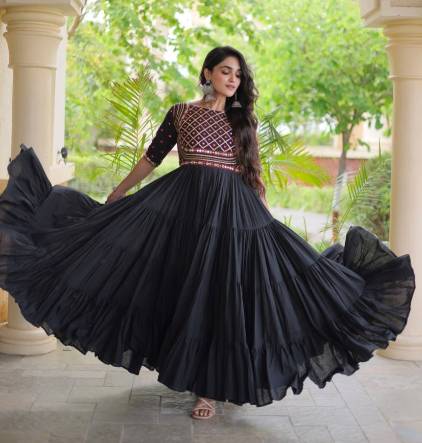 Black Pure Kora Cotton Multi Thread Gotta Patti Mirror Work Navratri Lehenga Choli