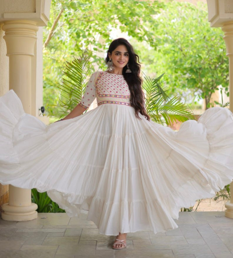 White Pure Kora Cotton Multi Thread Gotta Patti Mirror Work Navratri Lehenga Choli