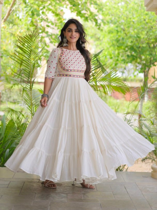 White Pure Kora Cotton Multi Thread Gotta Patti Mirror Work Navratri Lehenga Choli