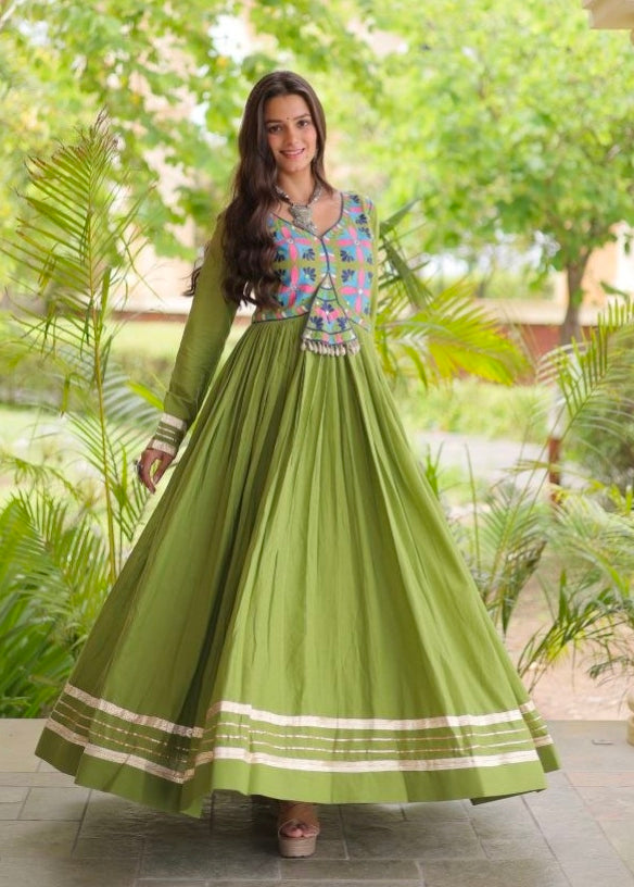Green Pure Kora Cotton Multi Thread Gotta Patti Mirror Work Navratri Lehenga Choli