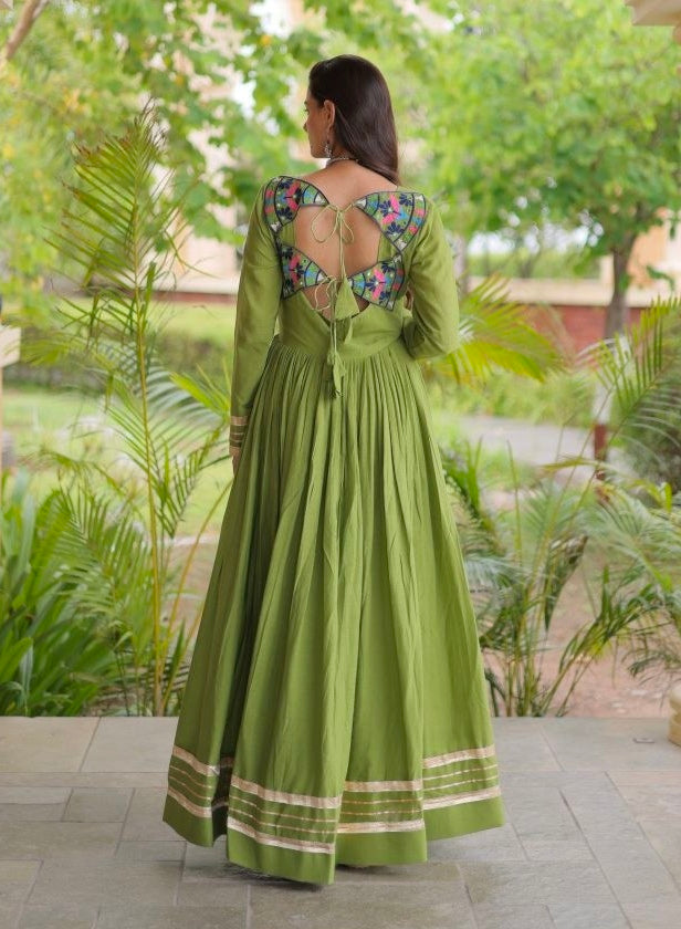Green Pure Kora Cotton Multi Thread Gotta Patti Mirror Work Navratri Lehenga Choli