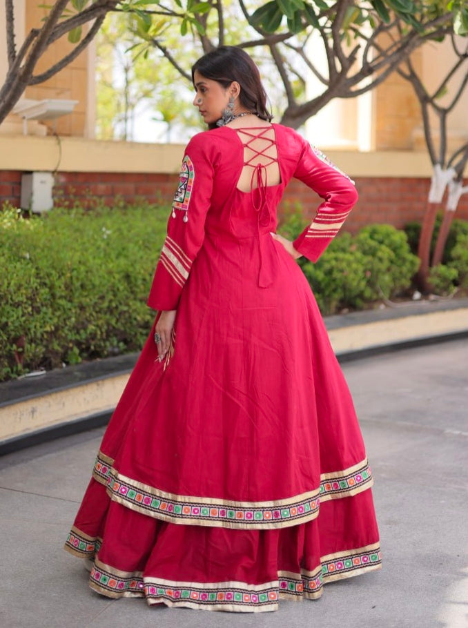 Red Pure Kora Cotton Multi Thread Gotta Patti Mirror Work Navratri Lehenga Choli