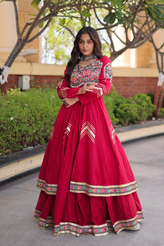 Red Pure Kora Cotton Multi Thread Gotta Patti Mirror Work Navratri Lehenga Choli