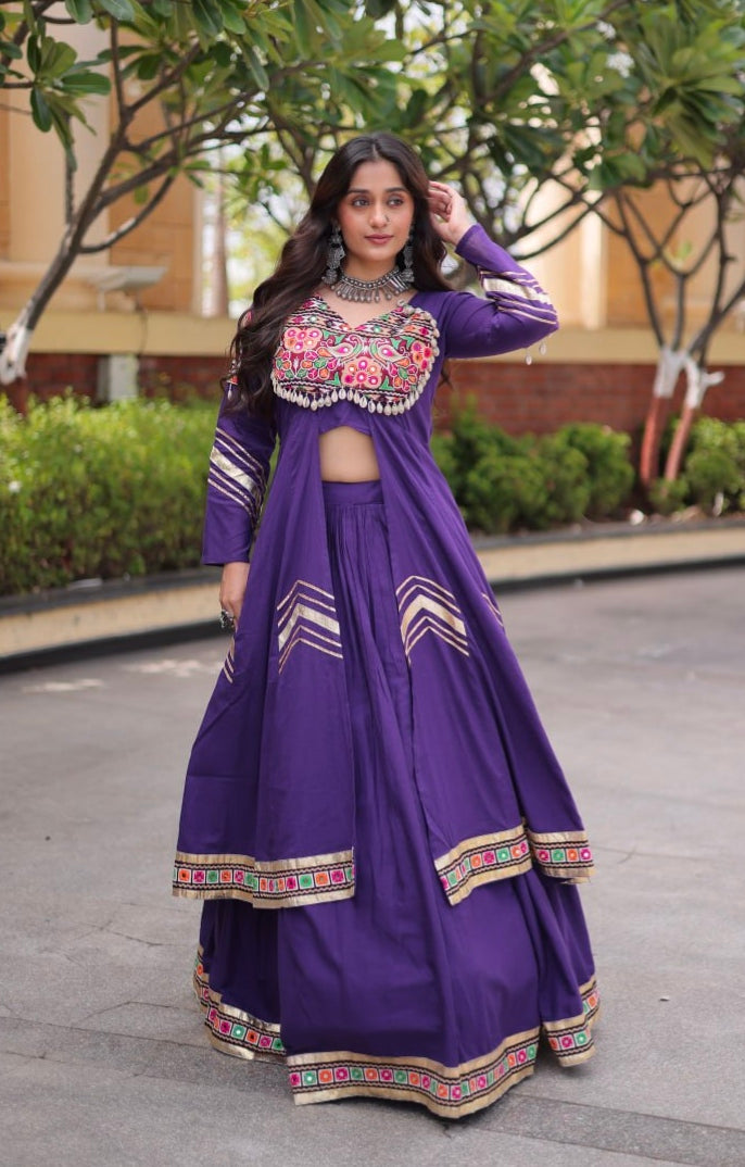 Purple Pure Kora Cotton Multi Thread Gotta Patti Mirror Work Navratri Lehenga Choli