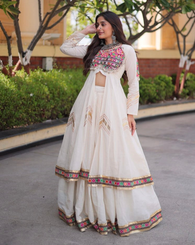 White Pure Kora Cotton Multi Thread Gotta Patti Mirror Work Navratri Lehenga Choli