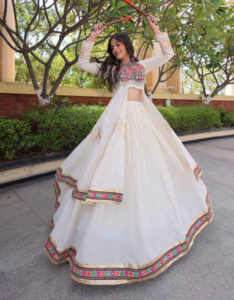 White Pure Kora Cotton Multi Thread Gotta Patti Mirror Work Navratri Lehenga Choli