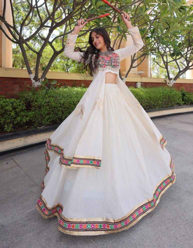 White Pure Kora Cotton Multi Thread Gotta Patti Mirror Work Navratri Lehenga Choli