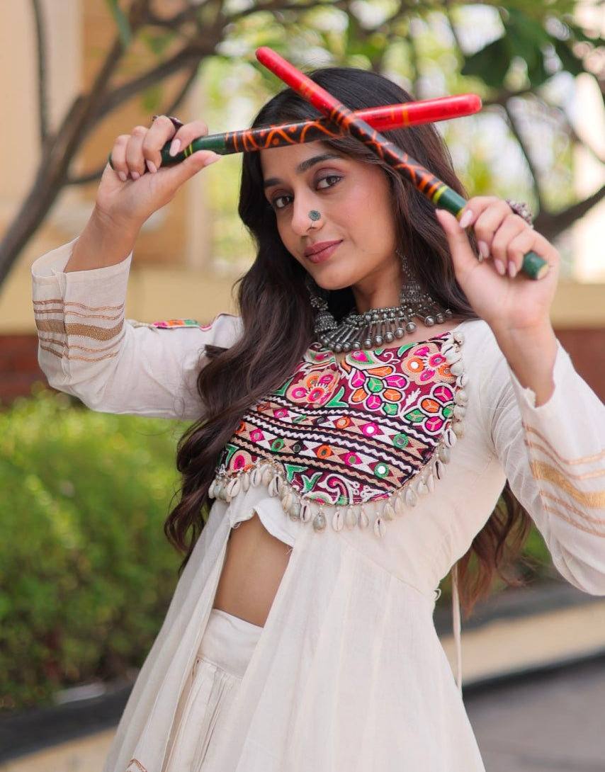 White Pure Kora Cotton Multi Thread Gotta Patti Mirror Work Navratri Lehenga Choli