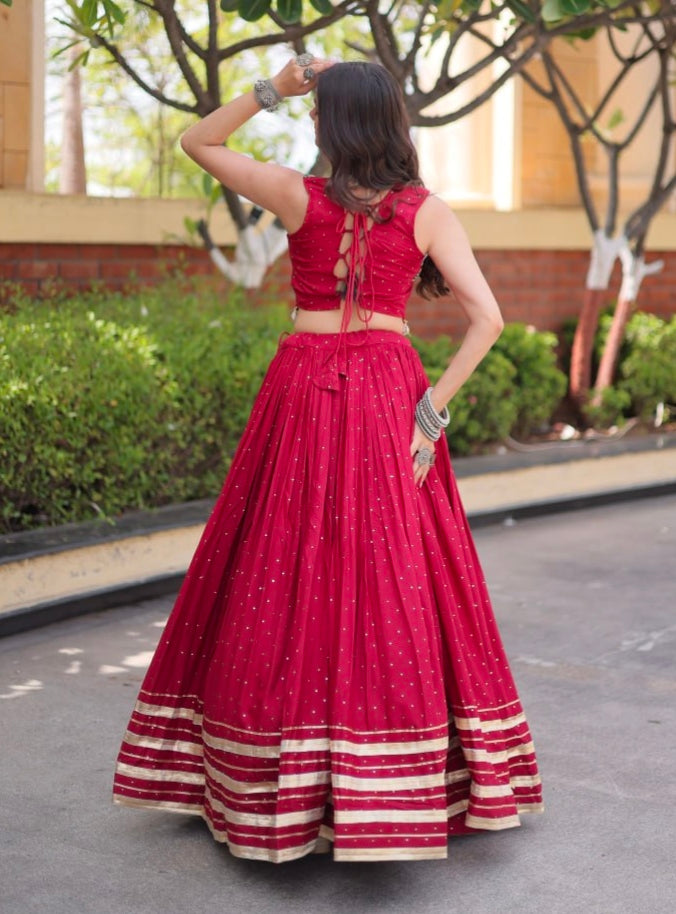 Red Pure Kora Cotton Multi Thread Gotta Patti Mirror Work Navratri Lehenga Choli