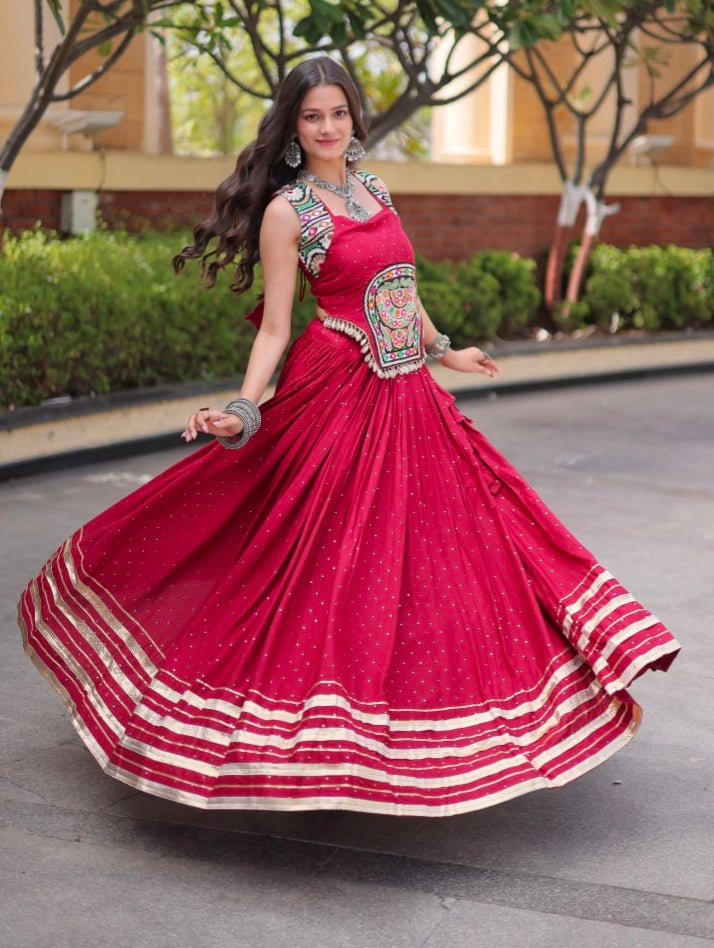 Red Pure Kora Cotton Multi Thread Gotta Patti Mirror Work Navratri Lehenga Choli