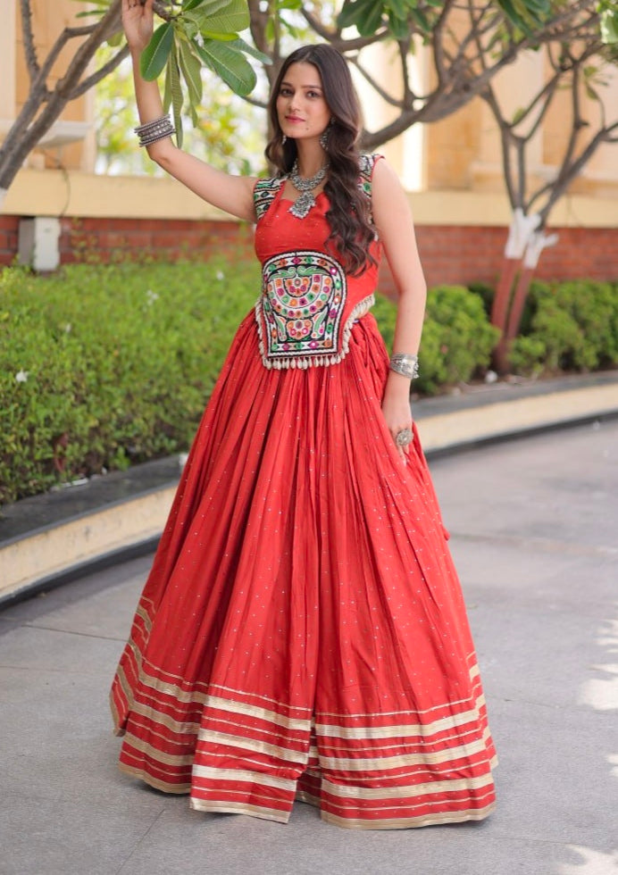 Rust Pure Kora Cotton Multi Thread Gotta Patti Mirror Work Navratri Lehenga Choli