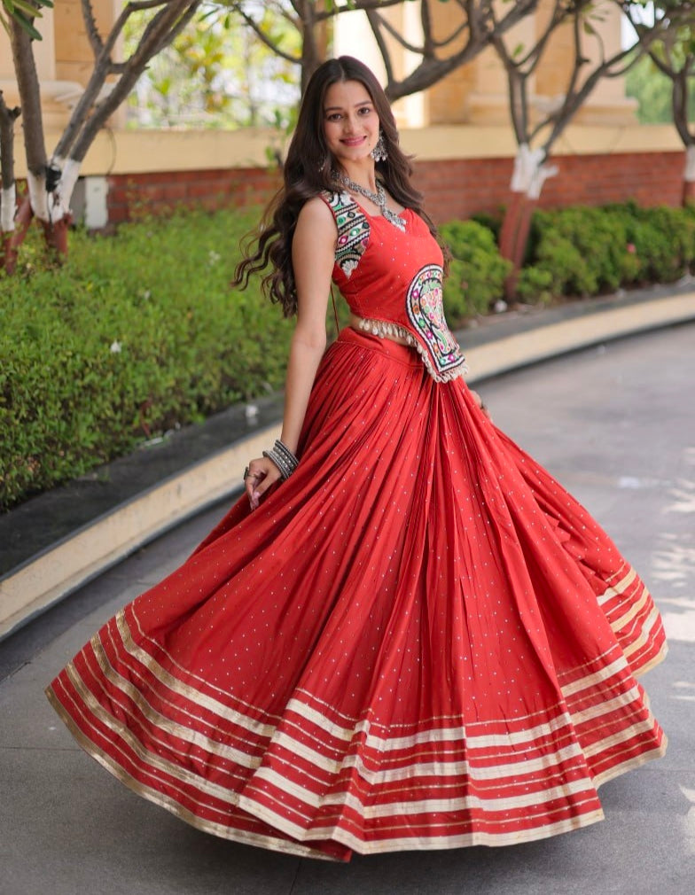 Rust Pure Kora Cotton Multi Thread Gotta Patti Mirror Work Navratri Lehenga Choli