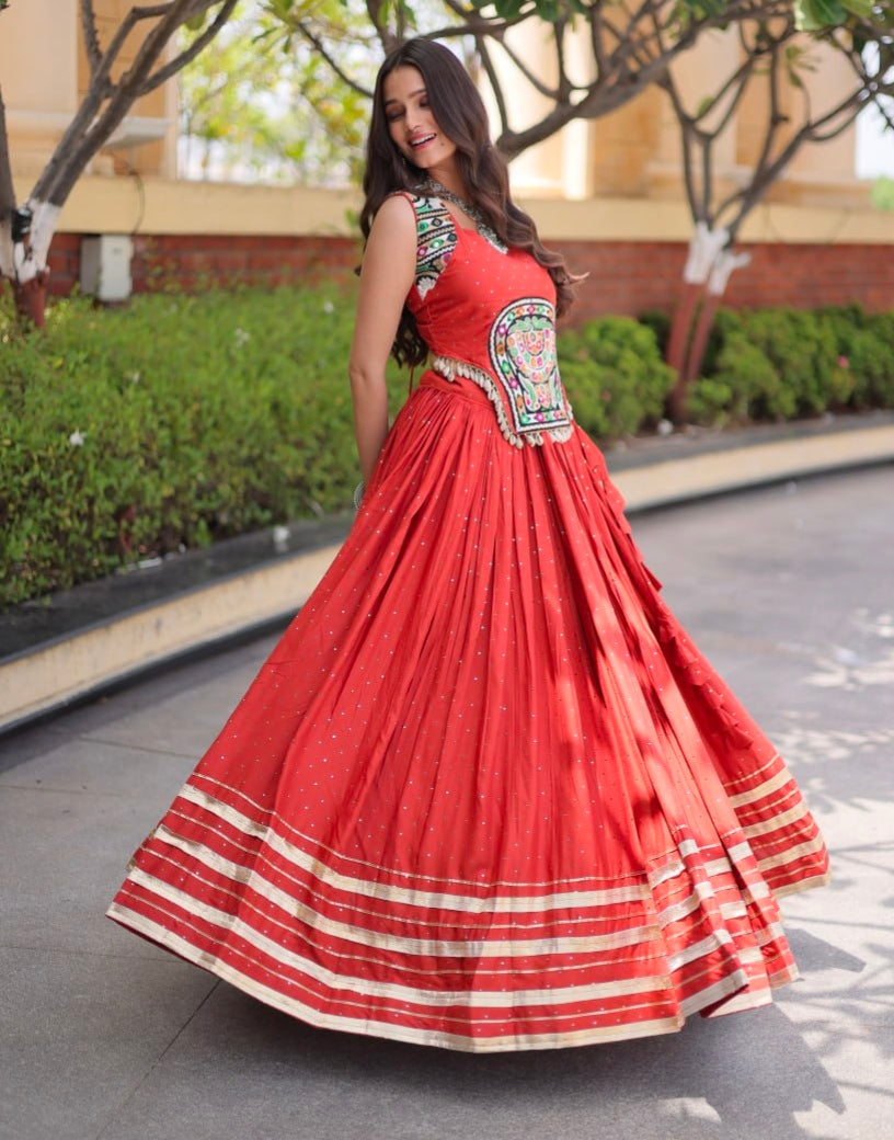Rust Pure Kora Cotton Multi Thread Gotta Patti Mirror Work Navratri Lehenga Choli
