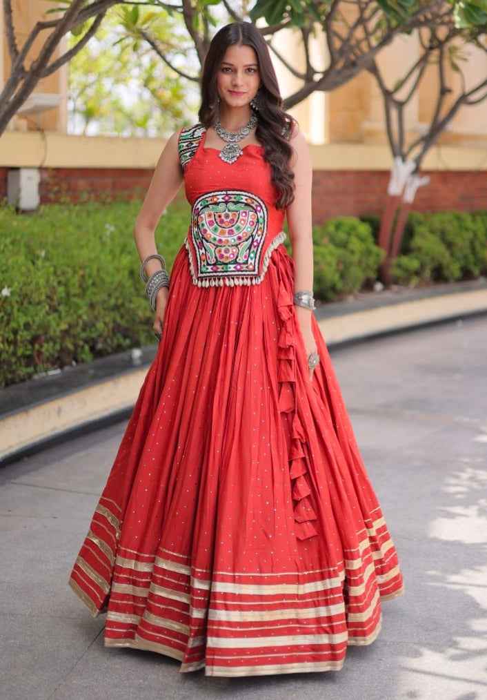Rust Pure Kora Cotton Multi Thread Gotta Patti Mirror Work Navratri Lehenga Choli