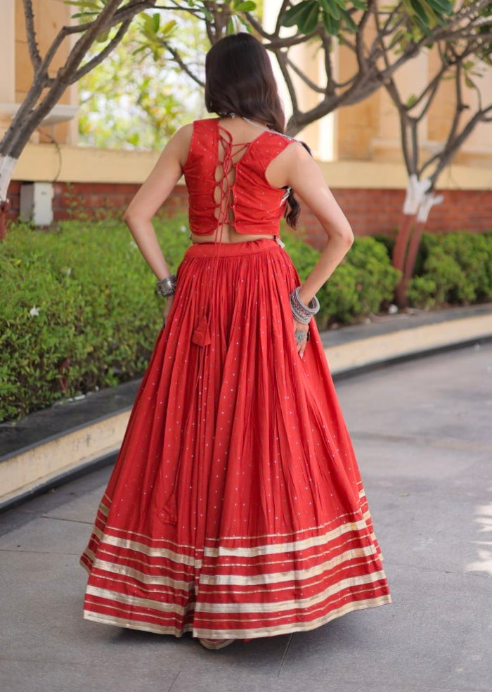 Rust Pure Kora Cotton Multi Thread Gotta Patti Mirror Work Navratri Lehenga Choli